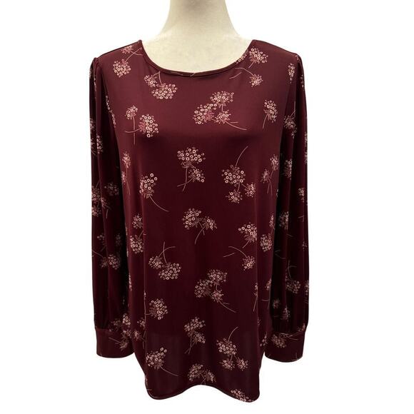 Ann Taylor Burgundy Floral Long Sleeve Pullover Blouse - Size Large - Picture 1 of 6
